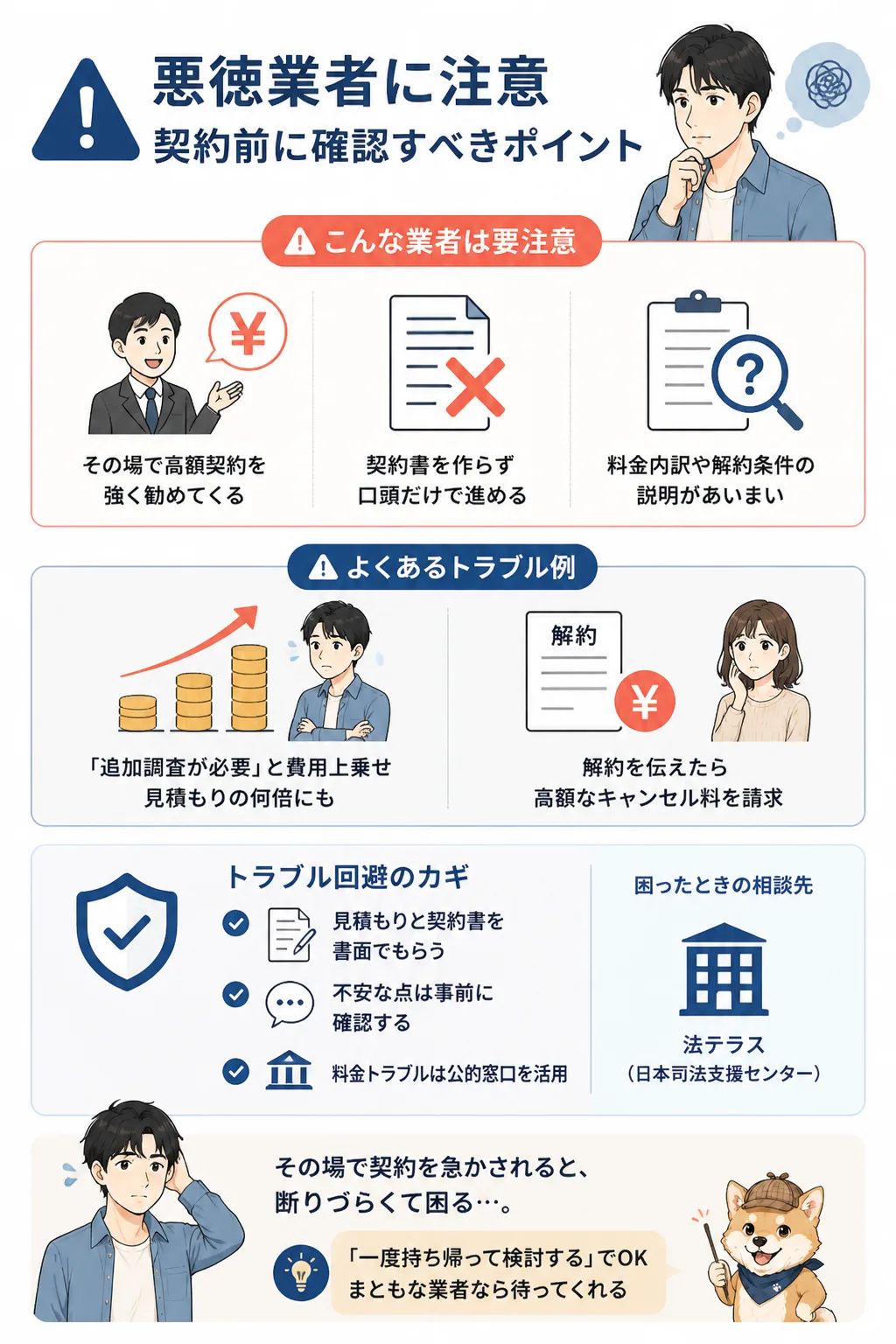 悪徳な探偵業者を見分けるための警告ポイントを示す図解