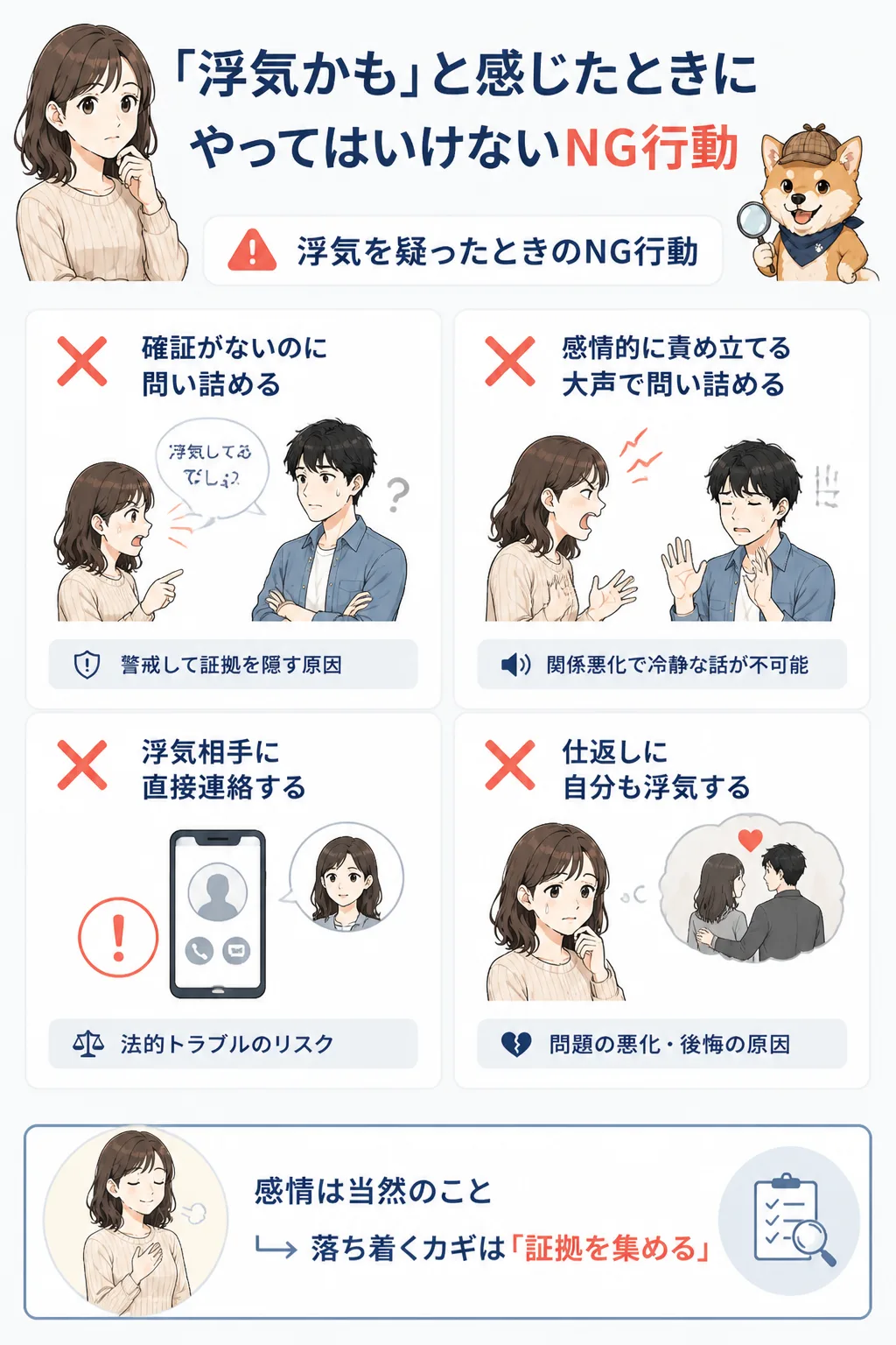 浮気を疑ったときにやってはいけないNG行動の警告図解
