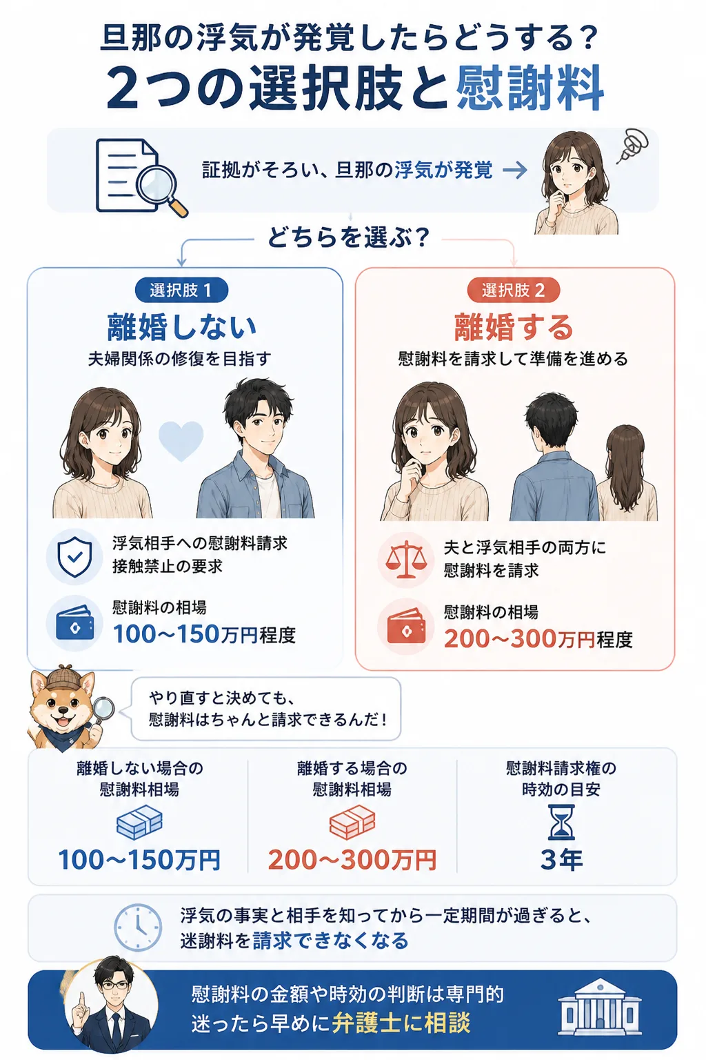 浮気発覚後の2つの選択肢と慰謝料相場を示すフローチャート