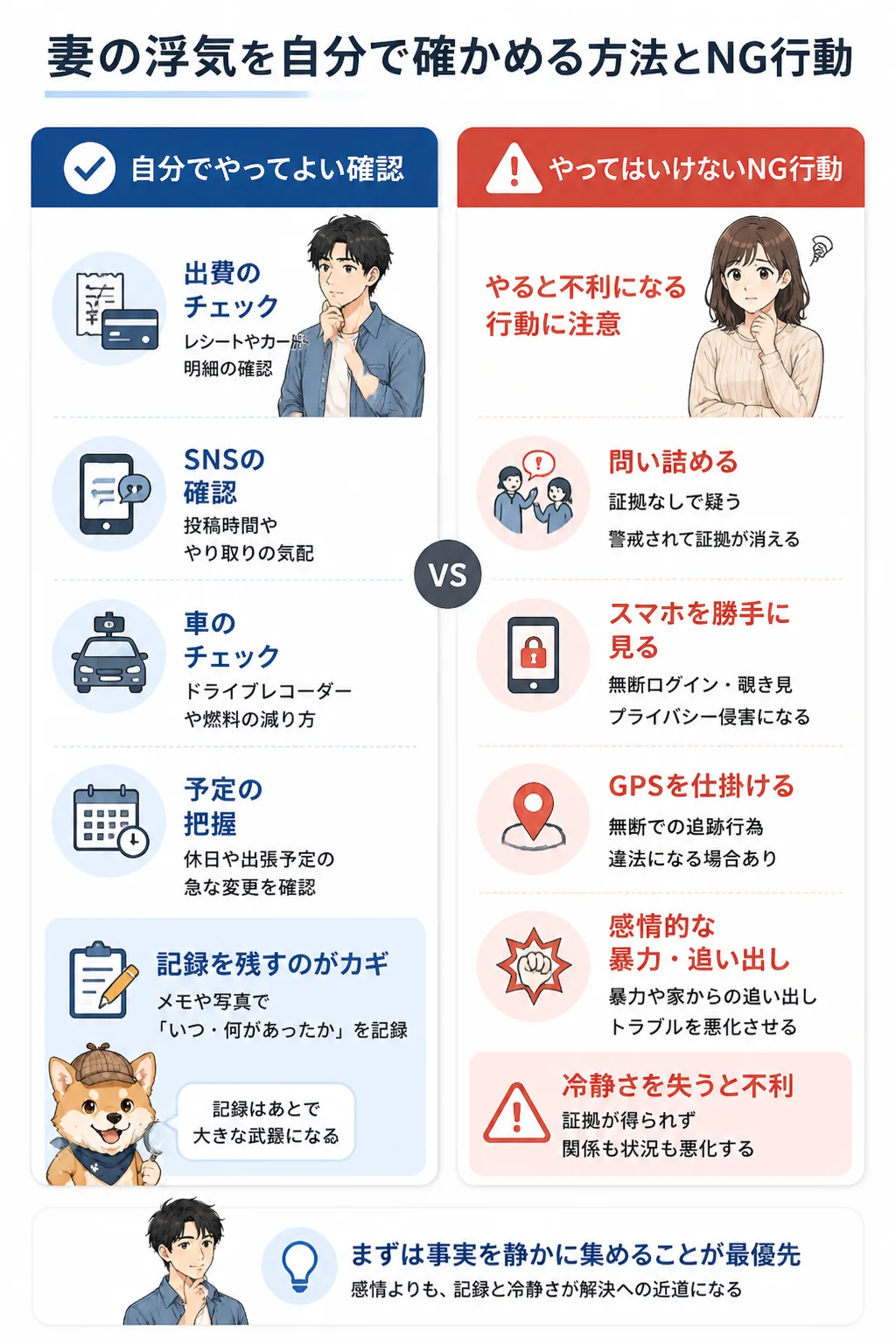 自分でできる確認とNG行動を対比した図解