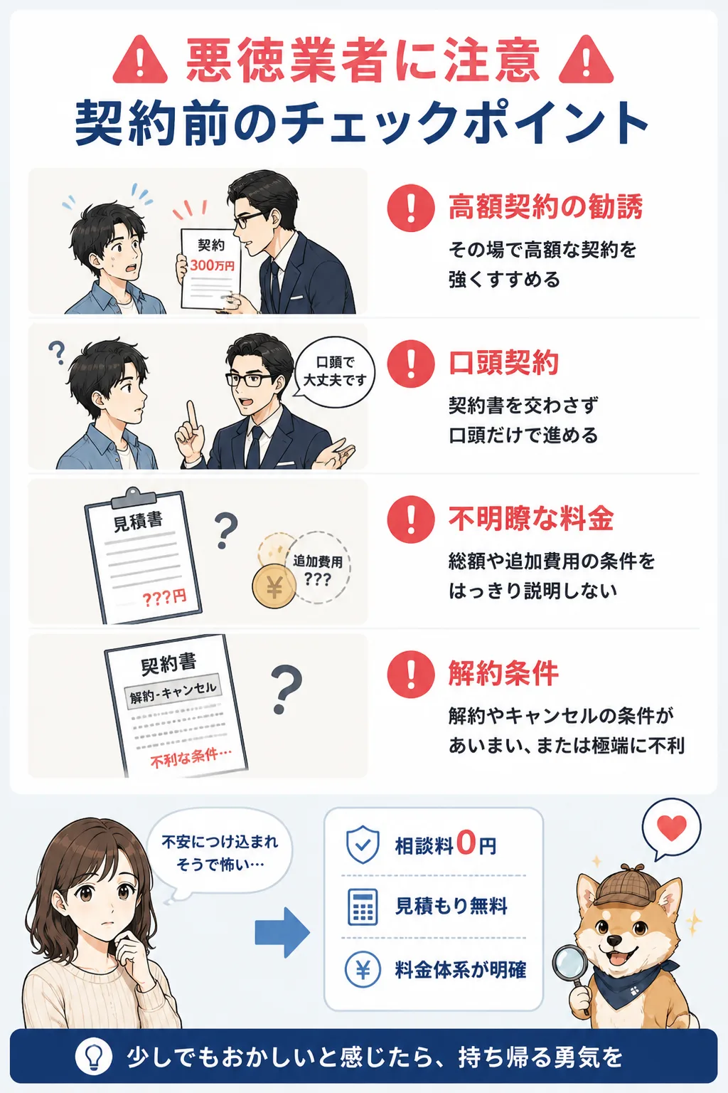悪徳な探偵業者を見抜く契約前チェックリストの図解