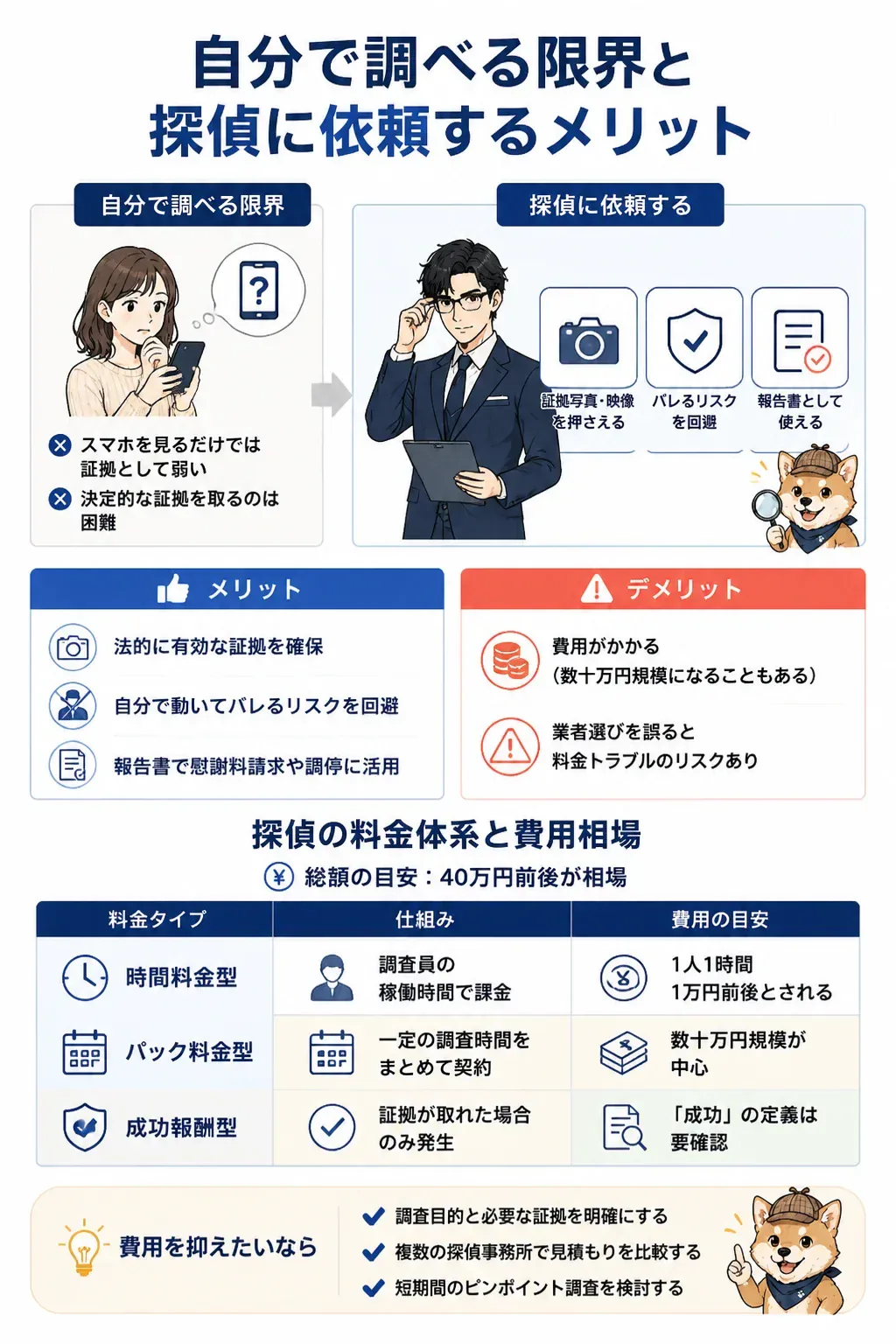 探偵の料金体系3タイプを比較した図解