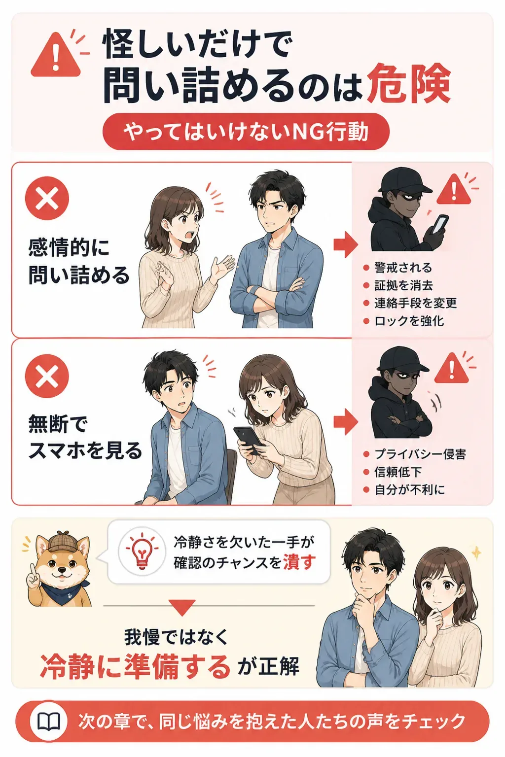 浮気が怪しいときのNG行動を示す注意図解
