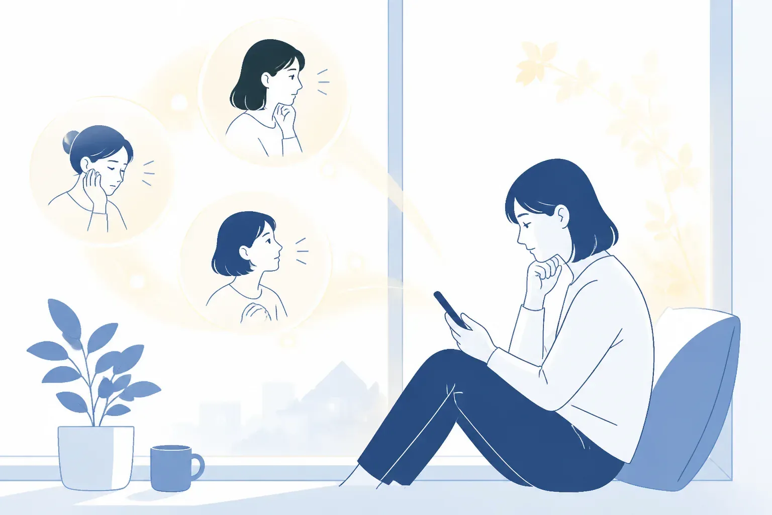 浮気の悩みを一人で考える人物のイメージ