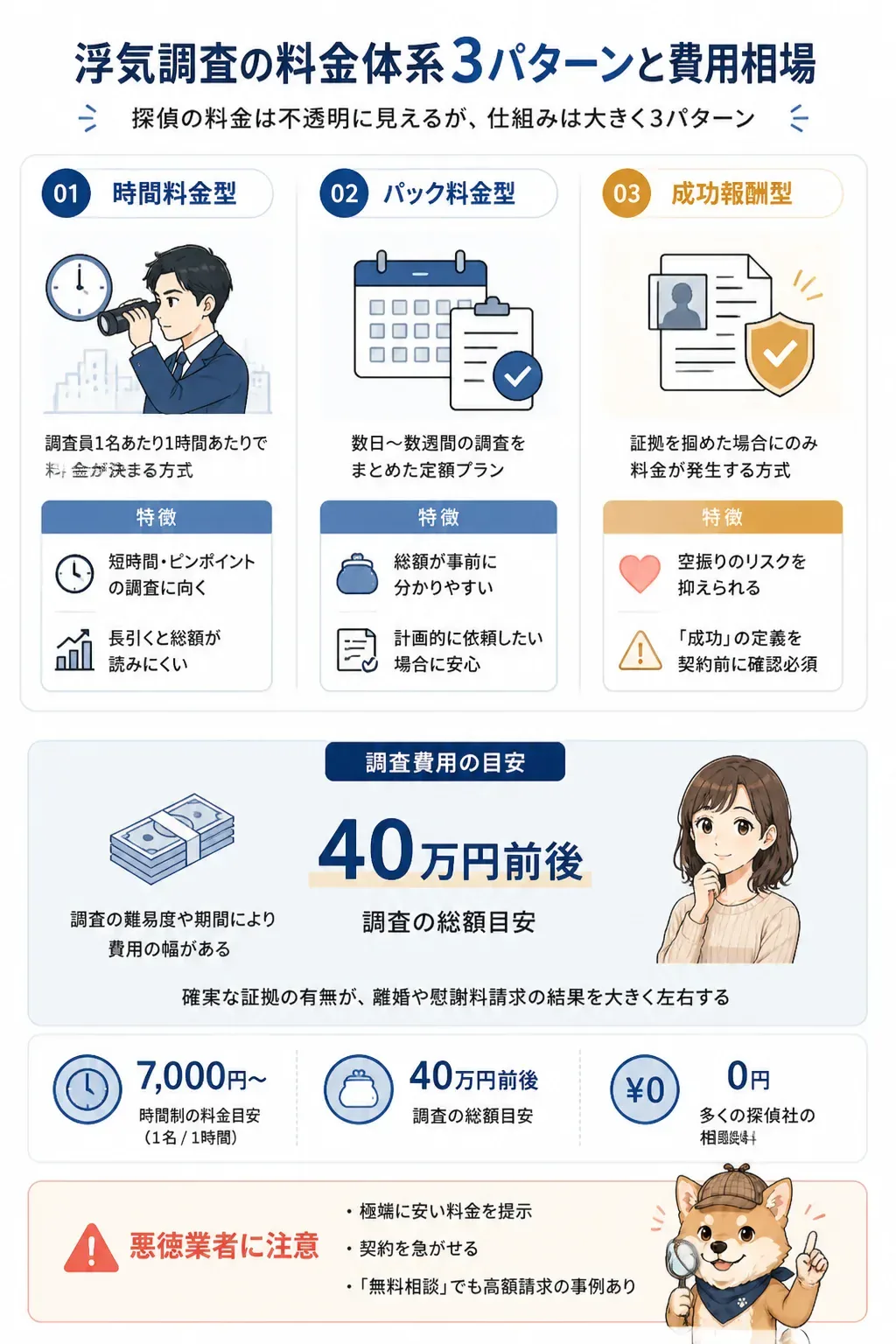 浮気調査の料金体系3パターンを比較した図解