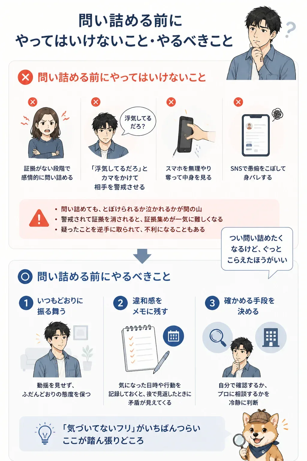 問い詰める前のNG行動とやるべき行動を対比した図解