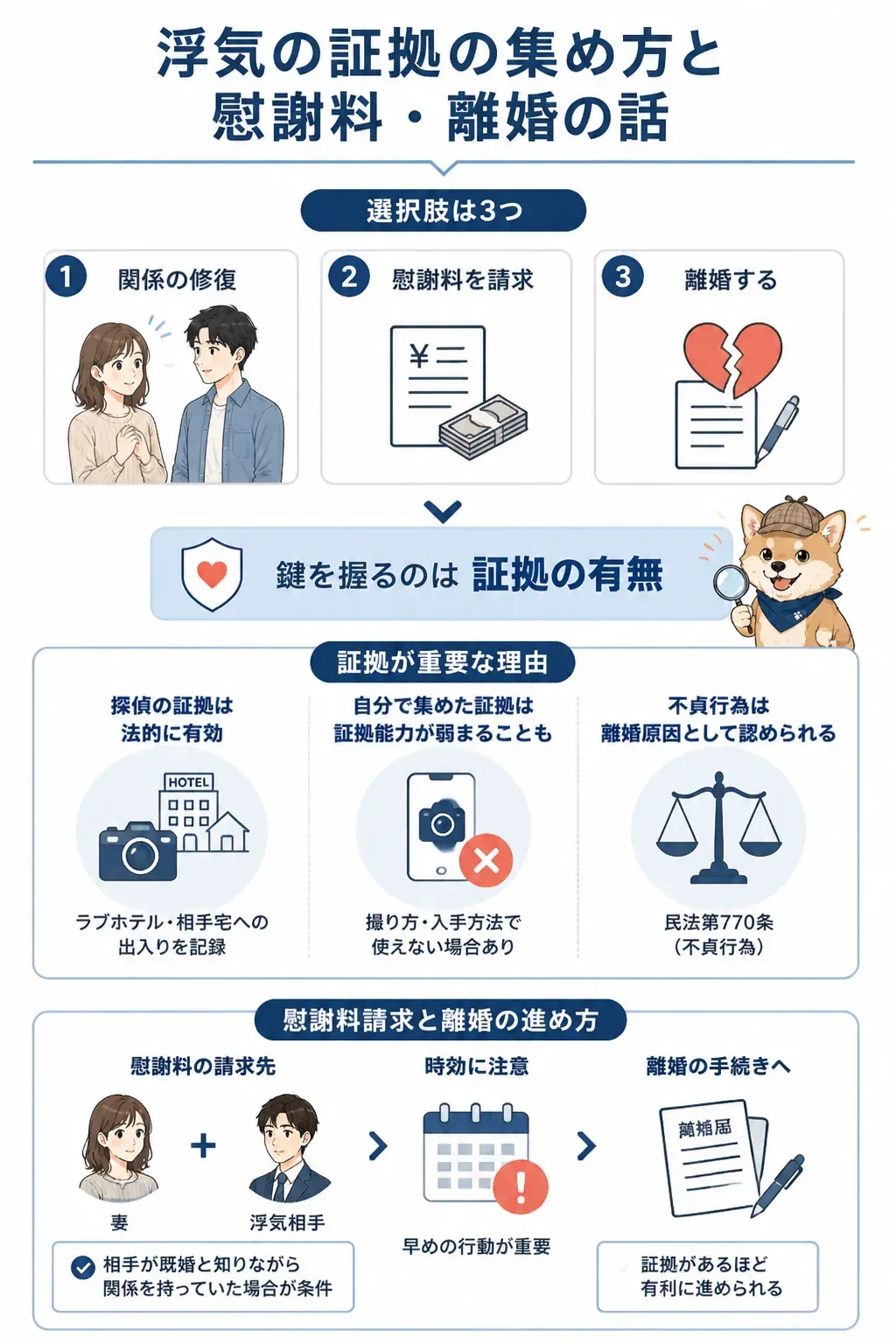 浮気発覚後の3つの選択肢を示す分岐図