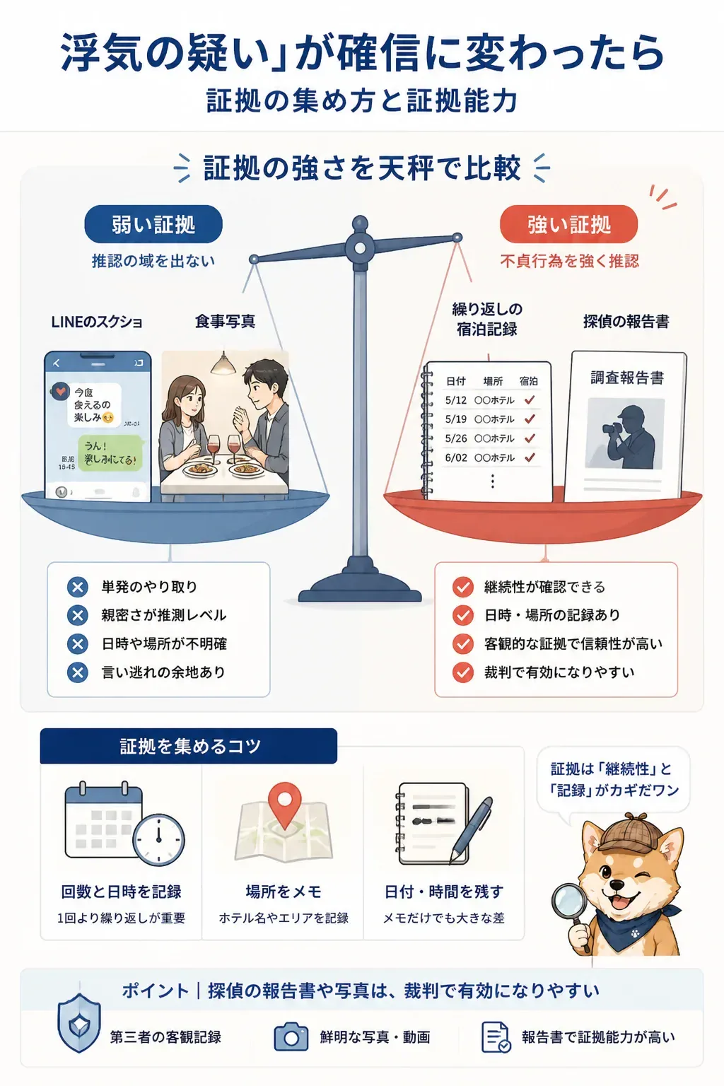 浮気の証拠の強さを比較した図解