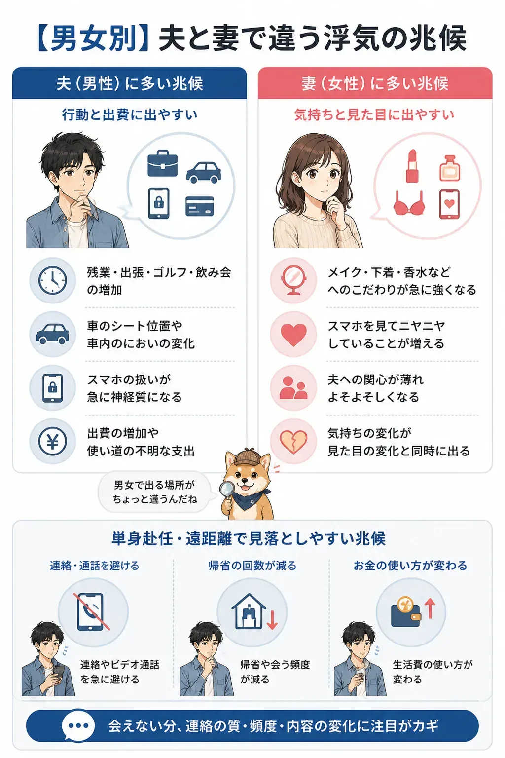 夫と妻で違う浮気の兆候を対比した図解