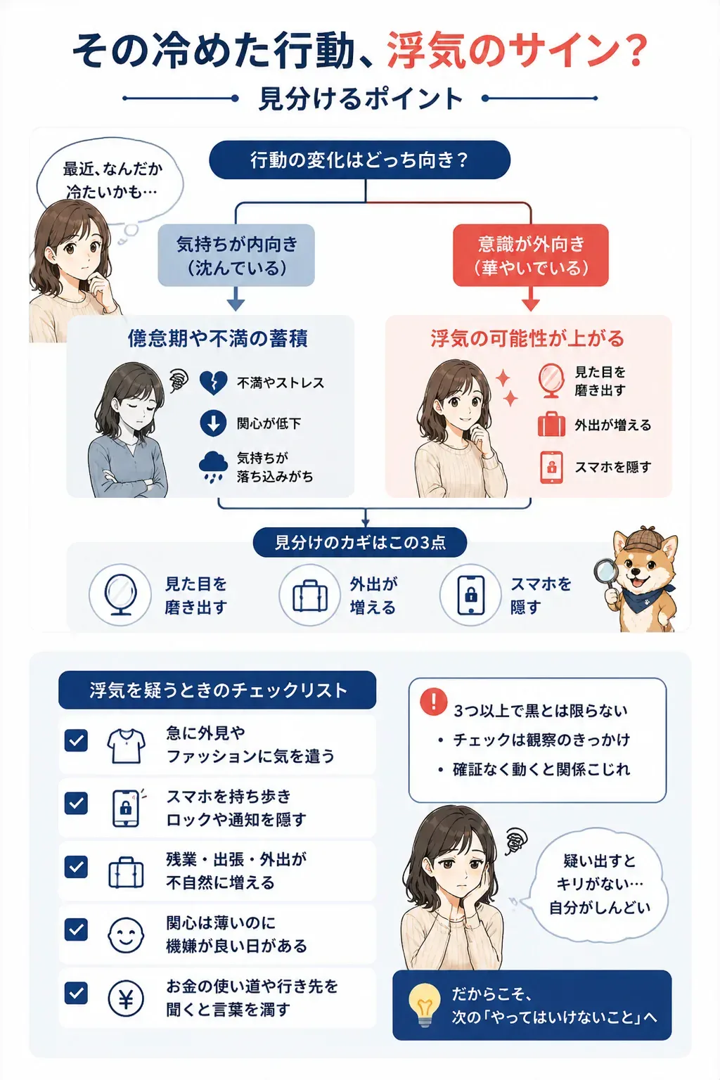 冷めた行動が倦怠期か浮気かを見分けるフローチャート