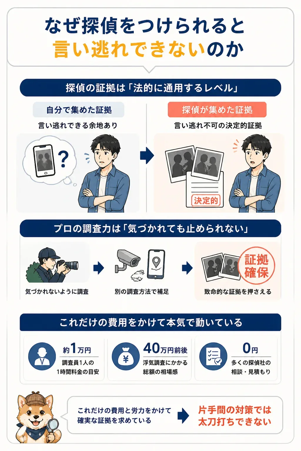 自分の証拠と探偵の証拠の証明力を比較した図解