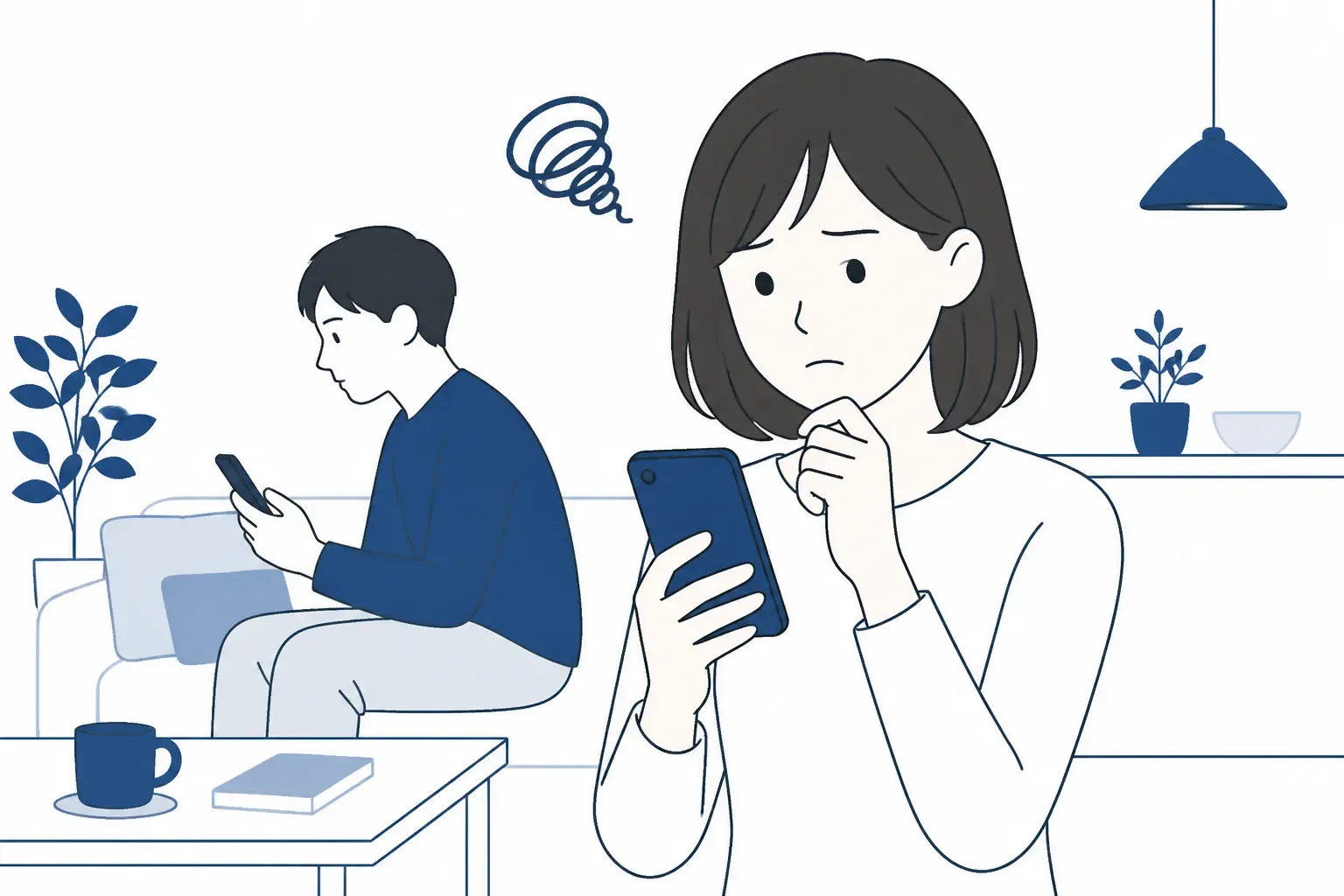 夫の浮気のサインに不安を感じる夜の家庭のイメージ
