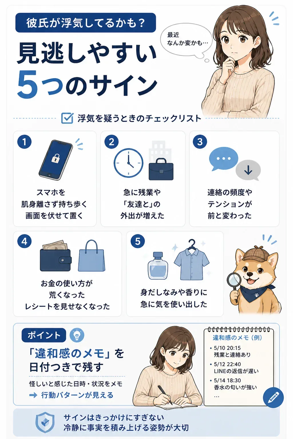 浮気を疑うときに見逃しやすい5つのサインを示す図