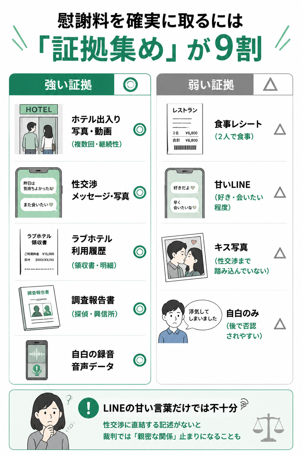 裁判で強い証拠と弱い証拠の比較図