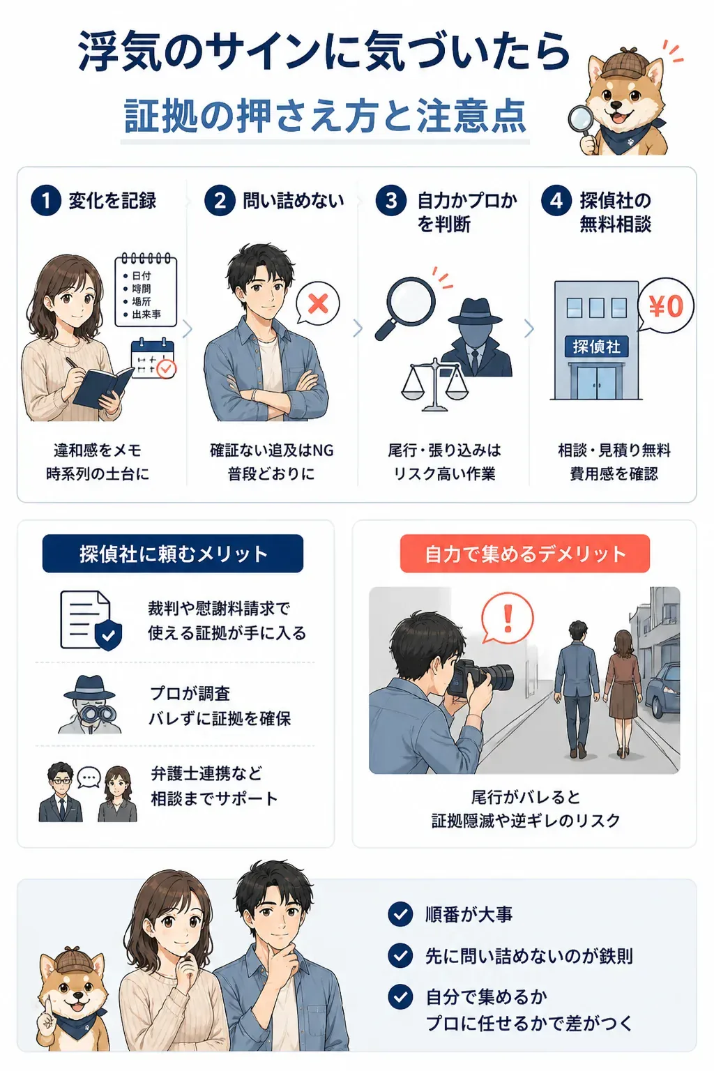 浮気の証拠を正しく押さえるための4ステップのフロー図