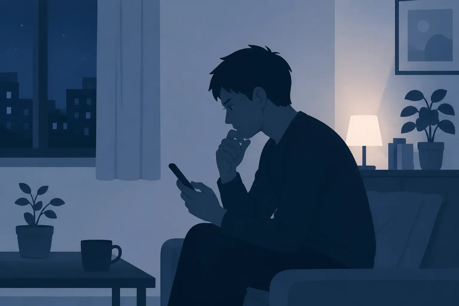浮気を疑い不安を抱える夜のイメージ