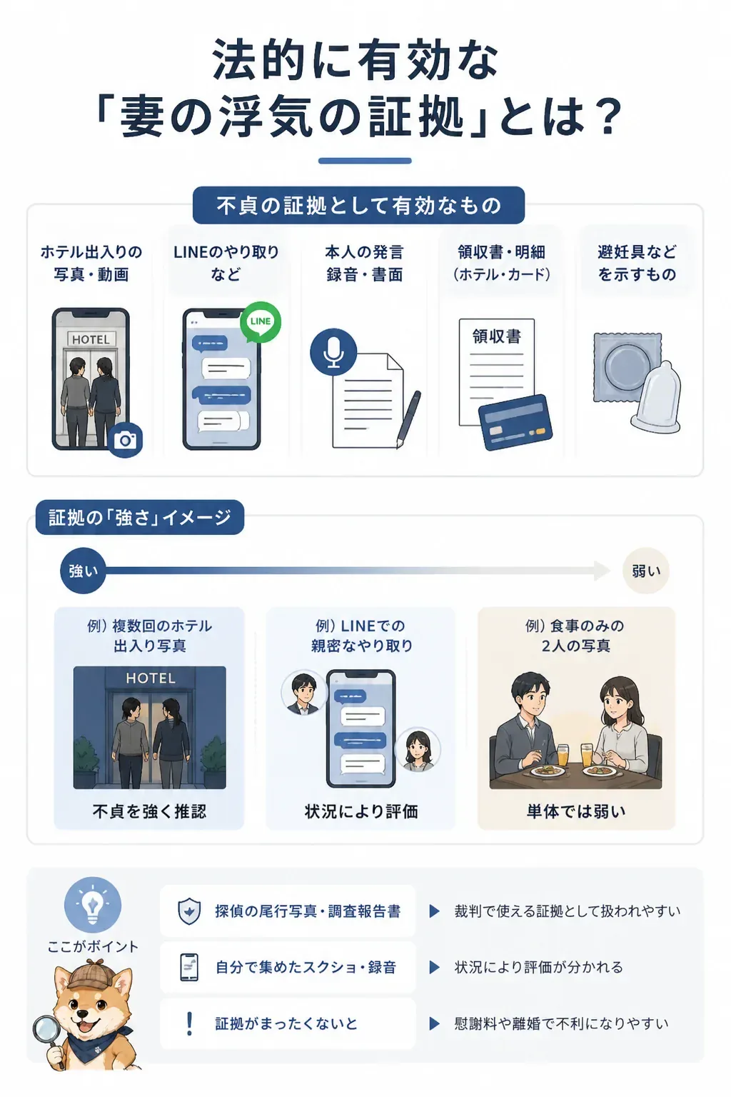 法的に有効な浮気の証拠の種類を示す図解