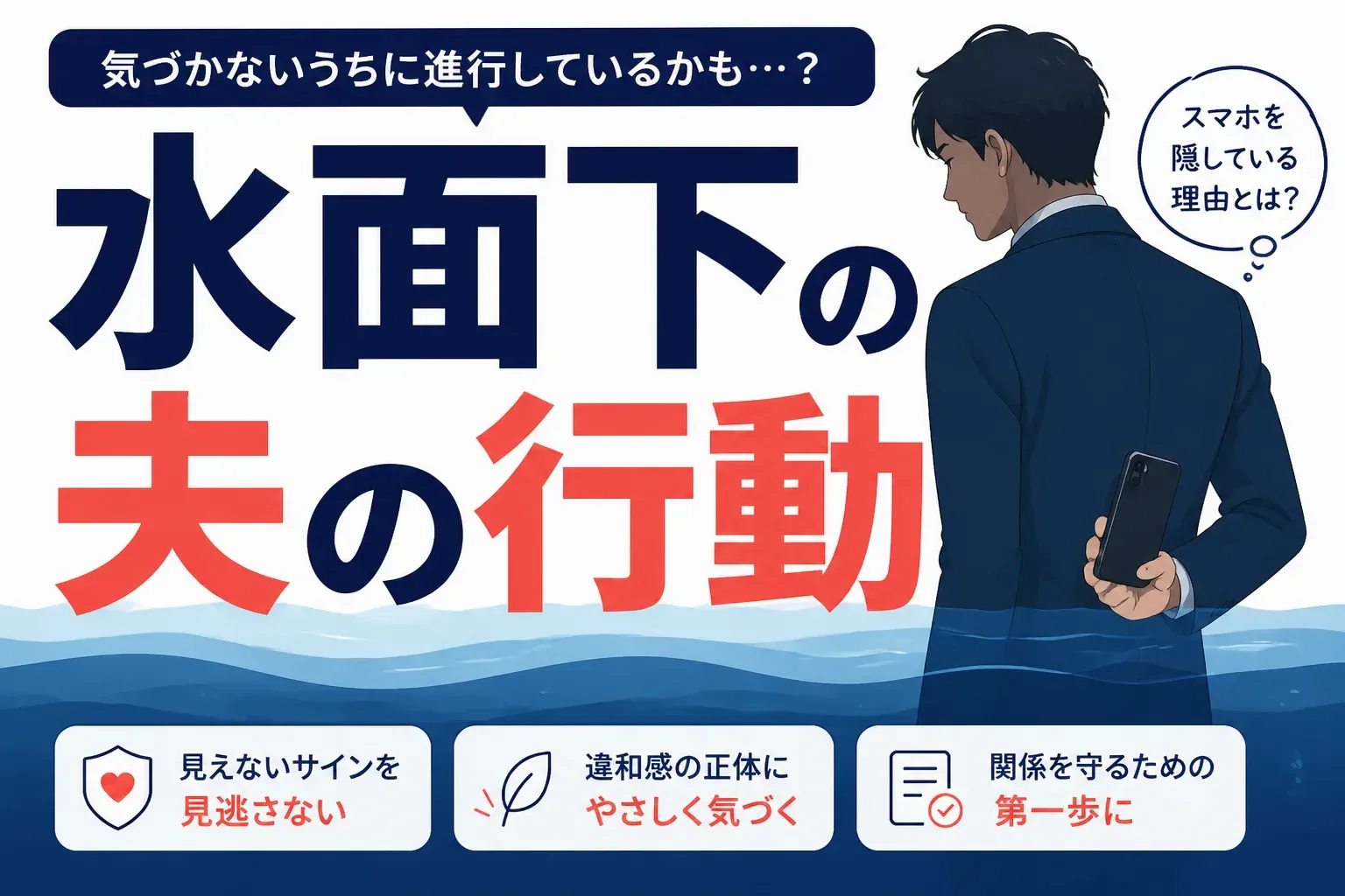 水面下の夫の行動を見抜くサインを解説する記事のアイキャッチ画像