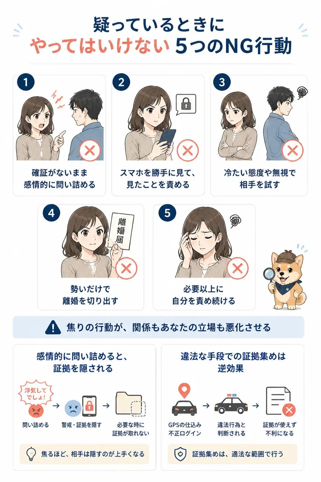 疑っているときのNG行動を示す図解
