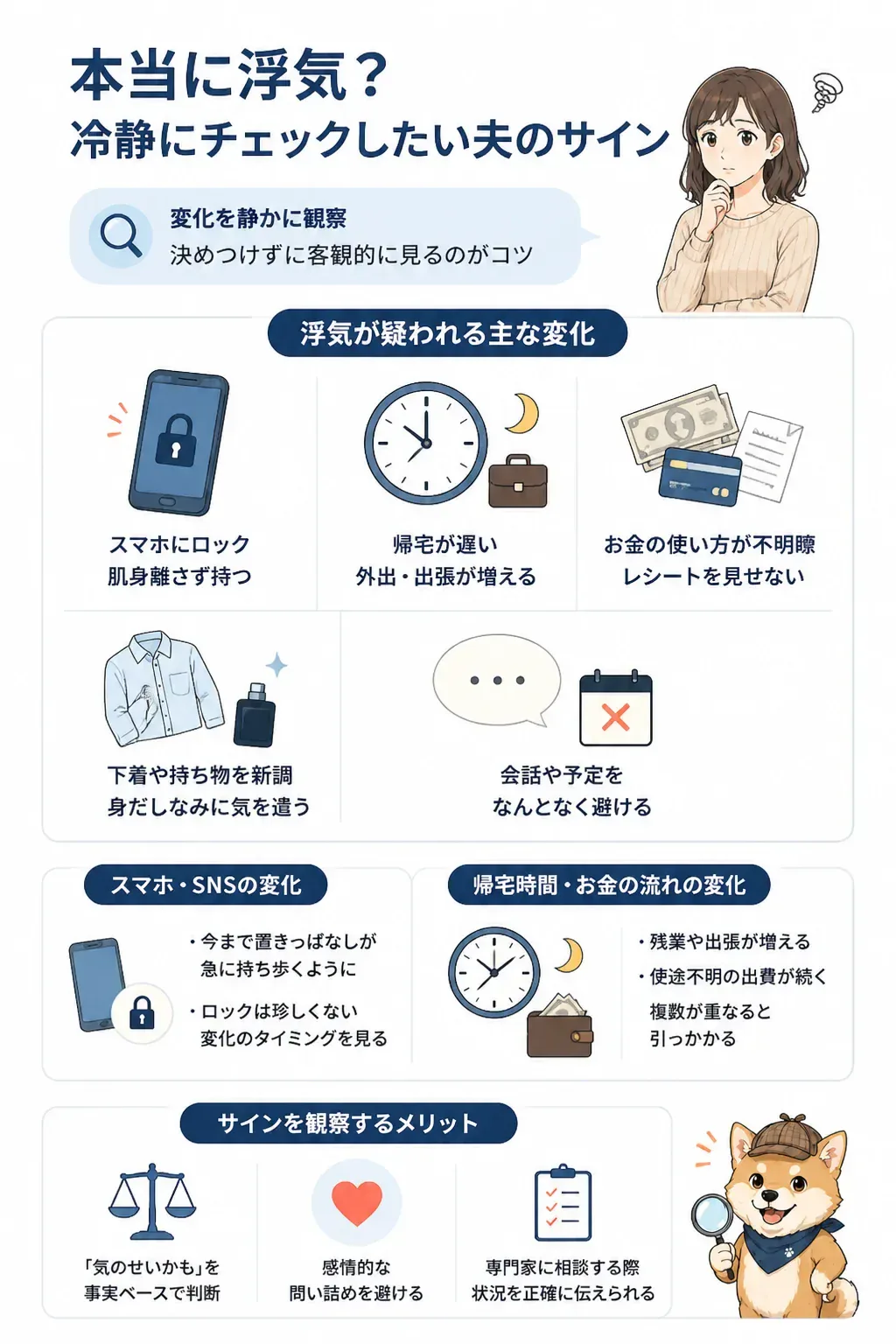 夫の浮気のサインを示すチェック図解