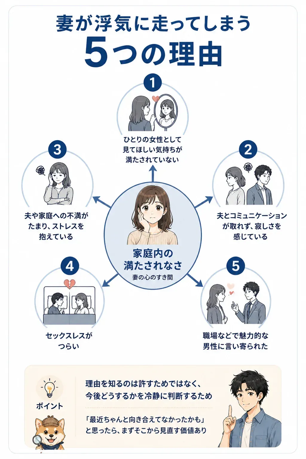 妻が浮気に走る5つの理由を放射状に整理した関係図