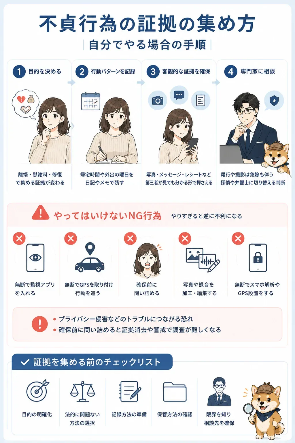 不貞行為の証拠を自分で集める手順のフロー図