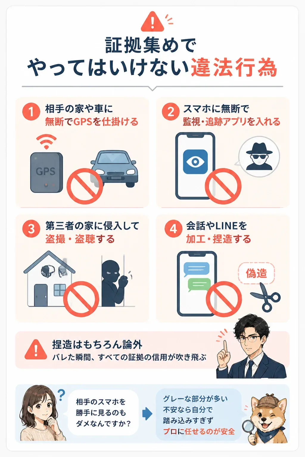 やってはいけない違法行為を示す警告図解