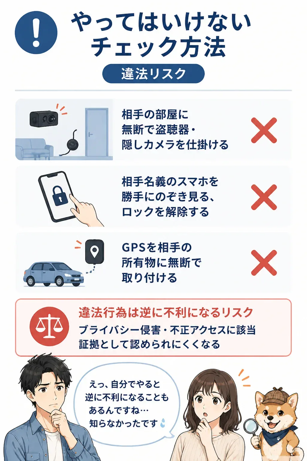 違法リスクのある浮気チェック方法の警告図