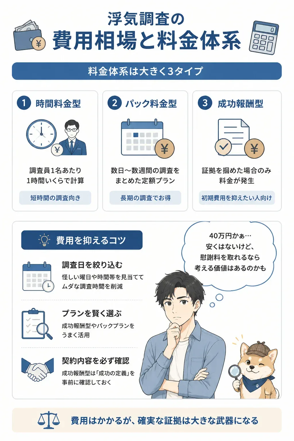 浮気調査の料金体系3タイプと費用相場の比較図
