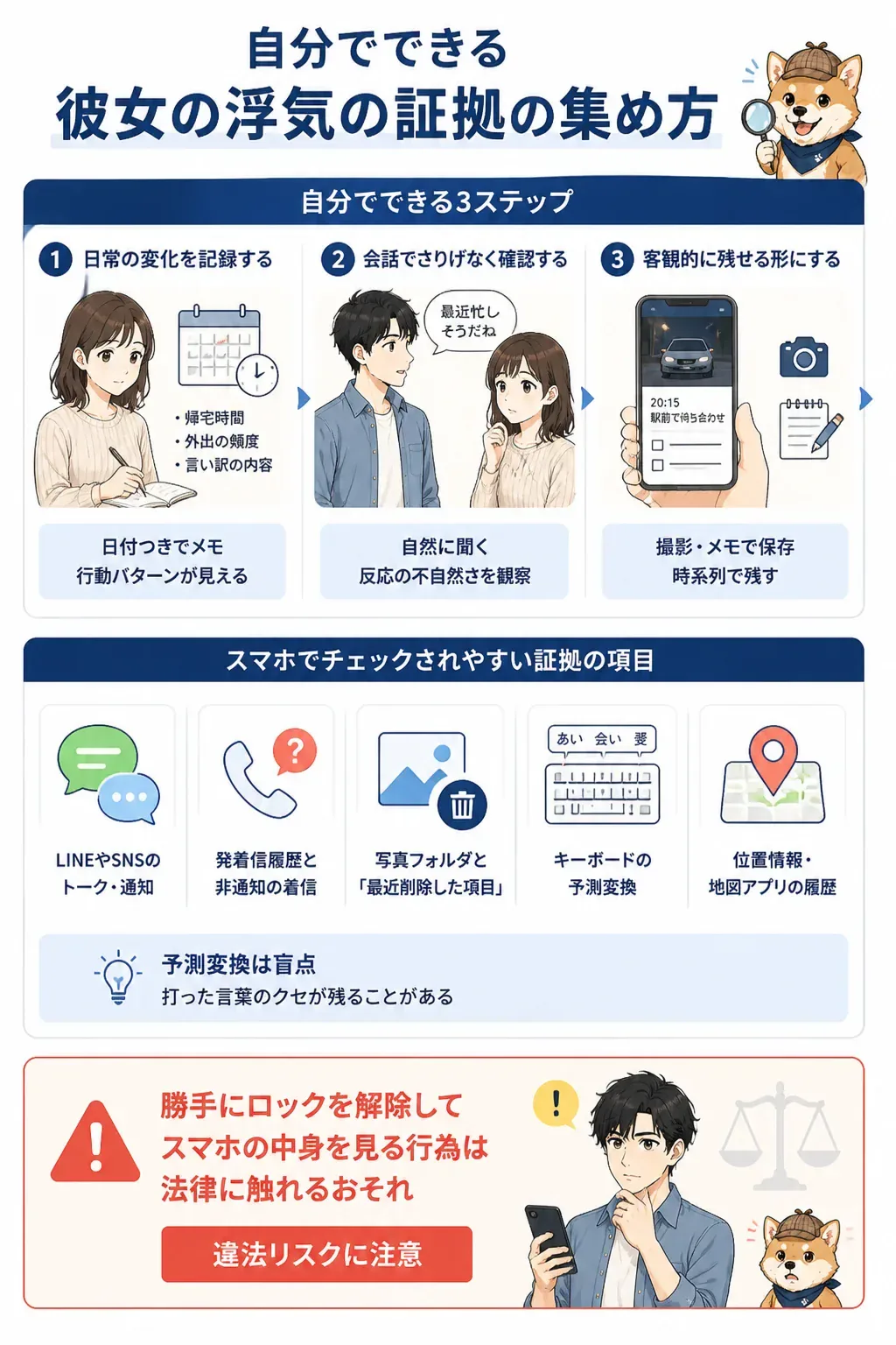 自分でできる証拠集めの3ステップを示すフロー図
