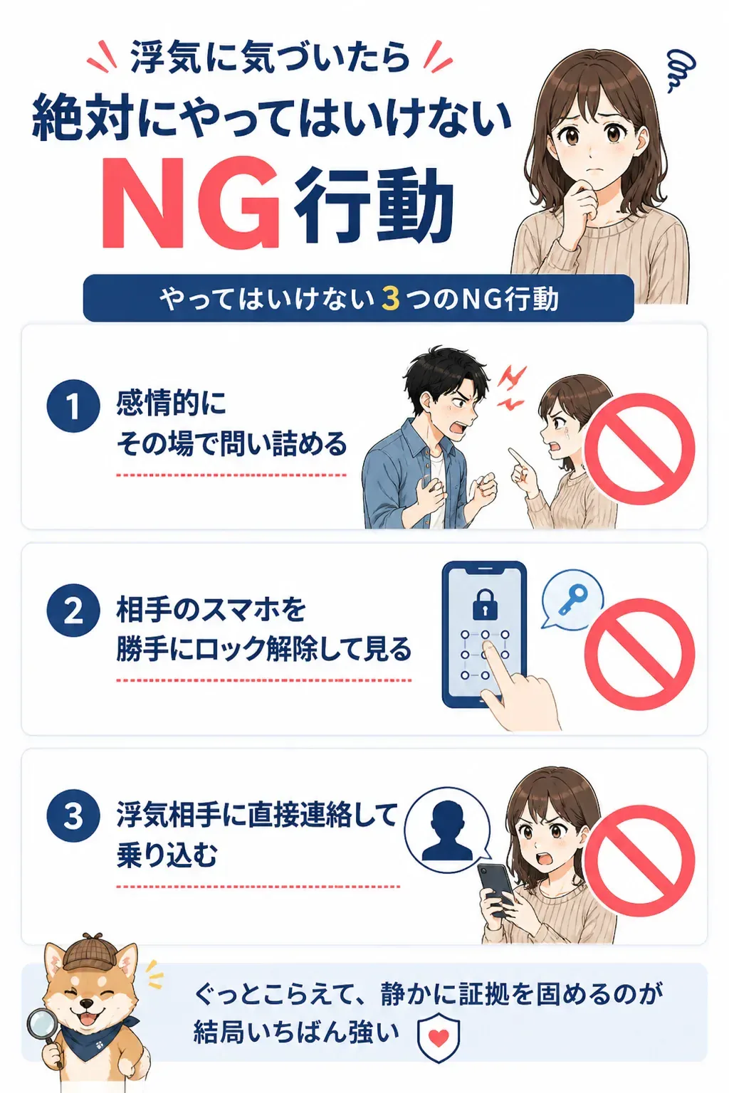 浮気に気づいたときのNG行動を示す図解