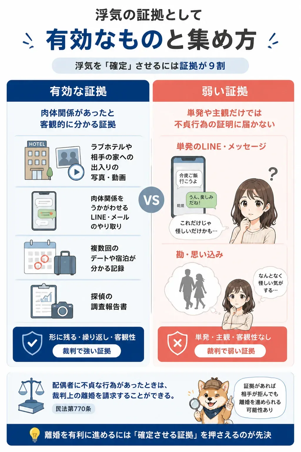 有効な浮気の証拠と弱い証拠を対比した図解