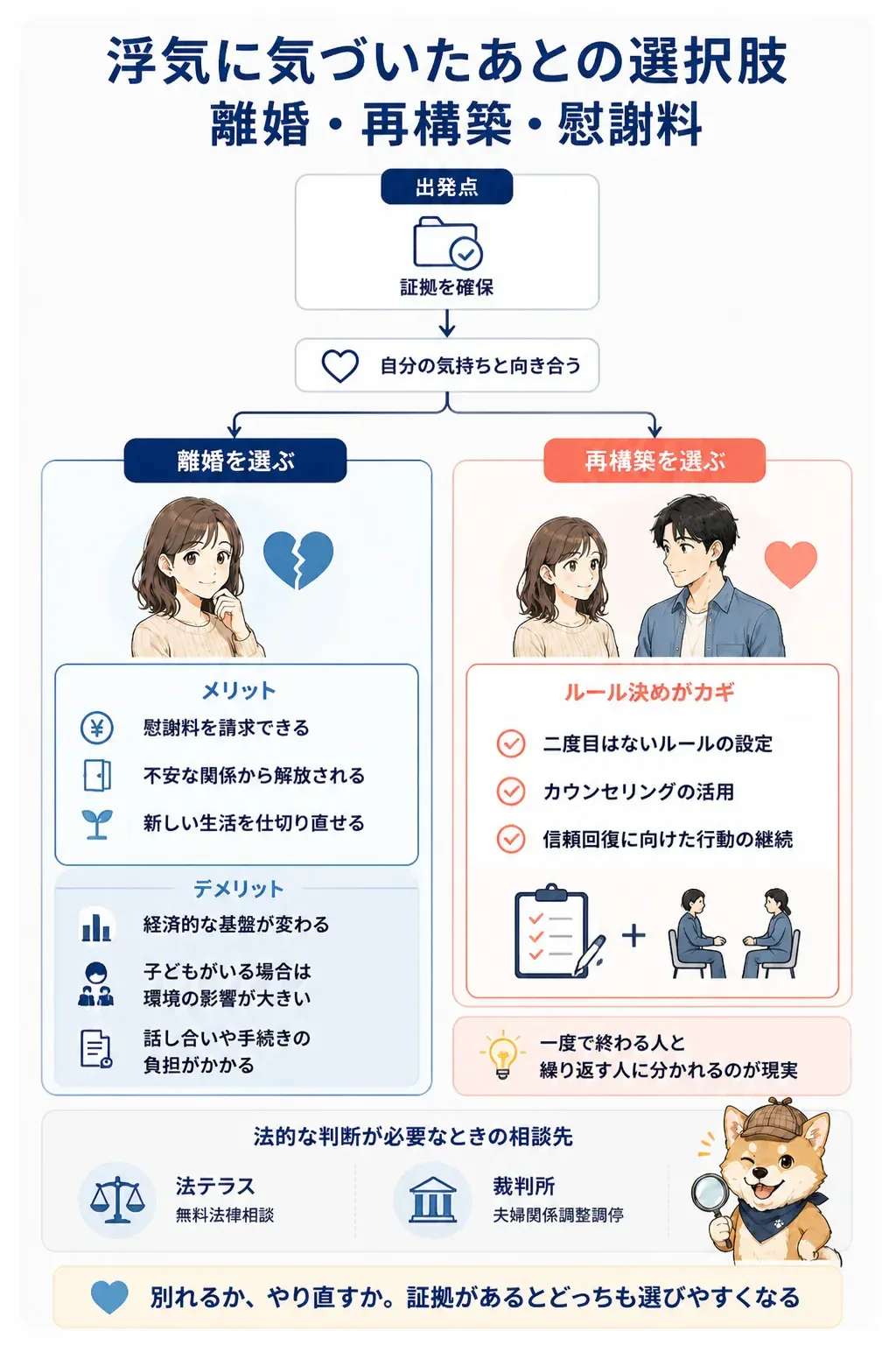 浮気発覚後の離婚と再構築の選択を示すフローチャート