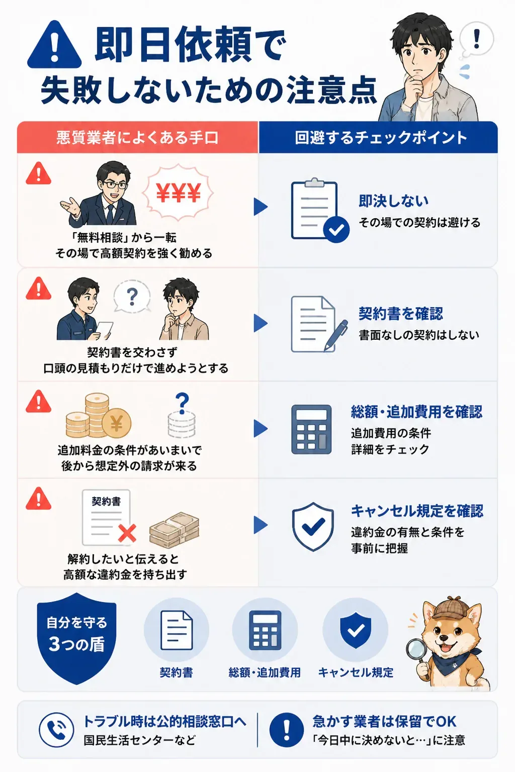 悪質な探偵業者の手口と回避ポイントを示す警告図