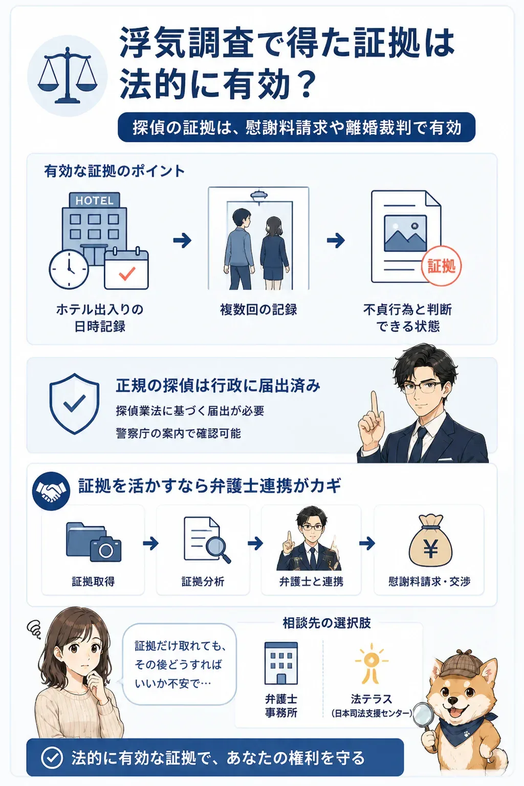 浮気の証拠が法的に有効になる条件の図解