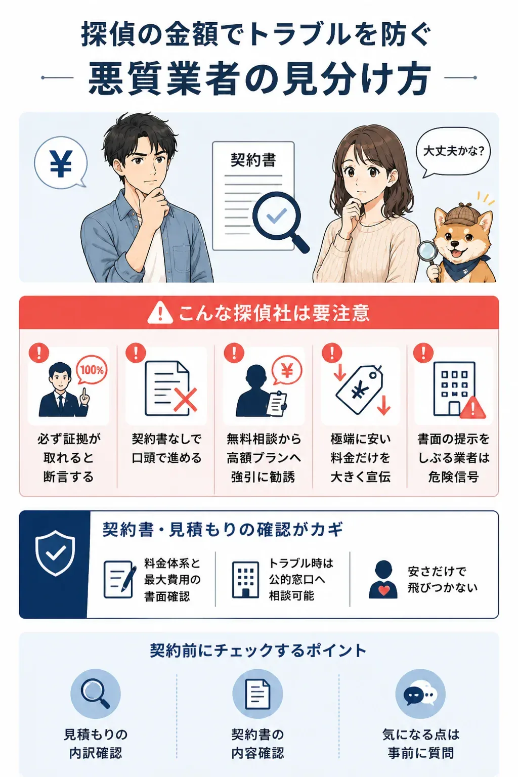 悪質な探偵業者を見分けるチェックポイントの図解