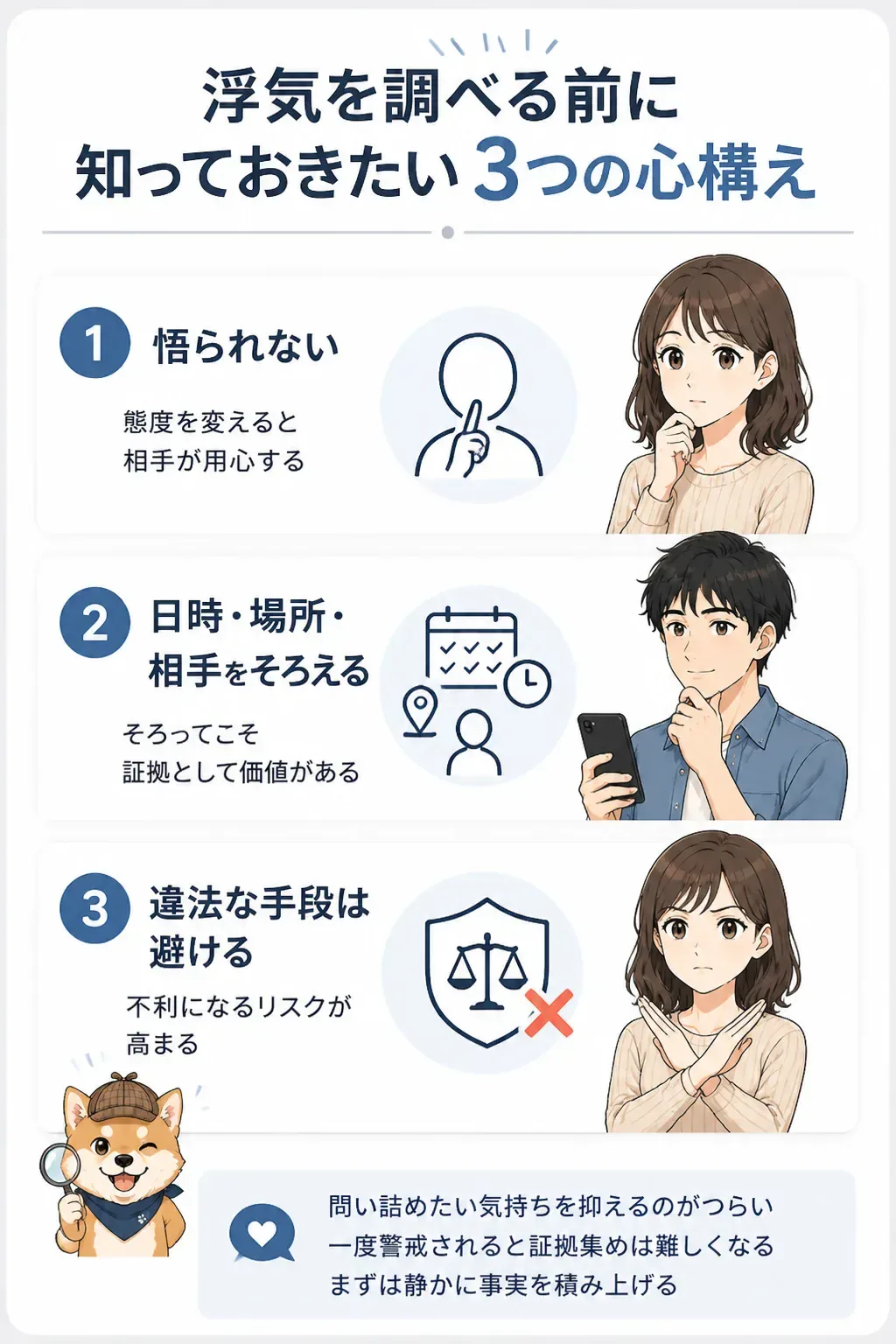 浮気を調べる前の3つの心構えを示す図解