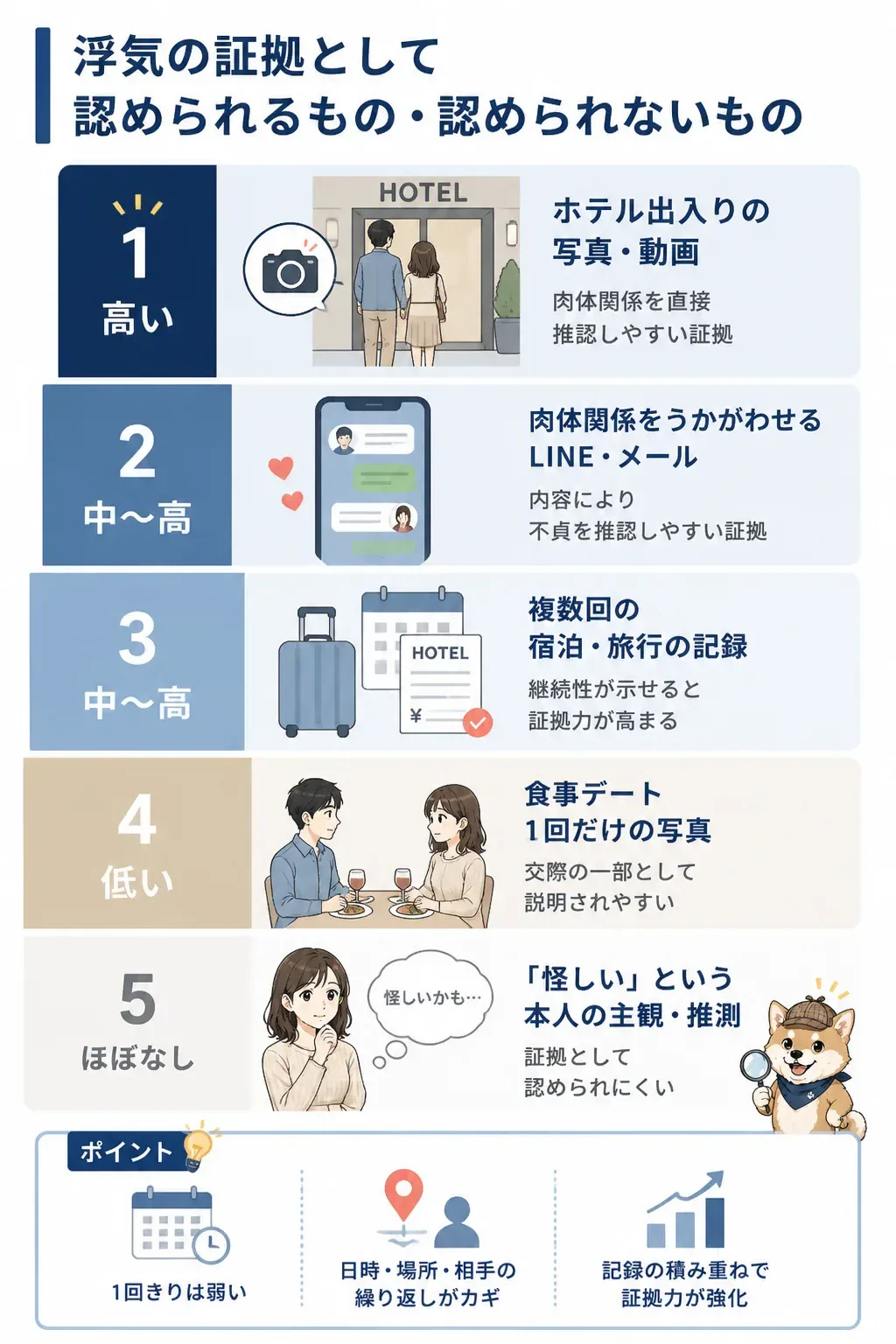 浮気の証拠能力の高低を示す図解