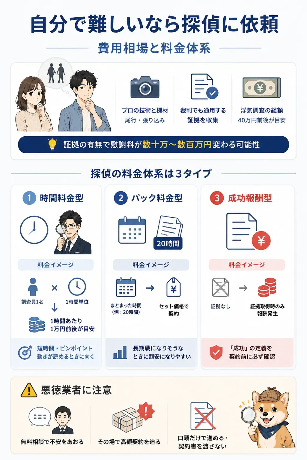 探偵の料金体系3タイプを比較した図解