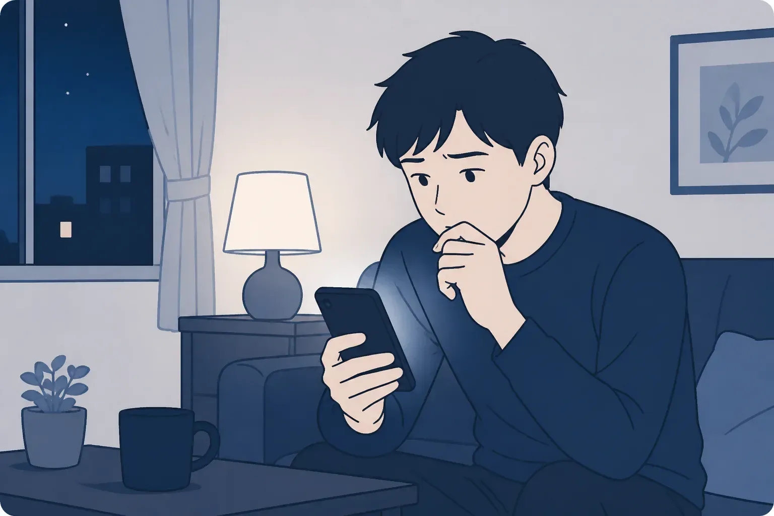 夜にスマホを見つめて不安を感じる様子のイメージ