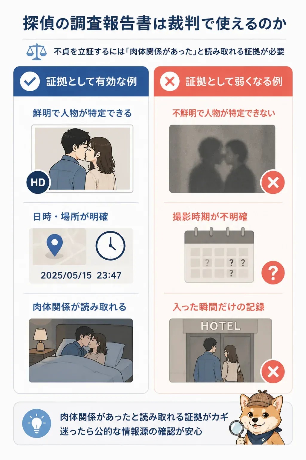 調査報告書が有効な証拠になる条件とならない条件の図解