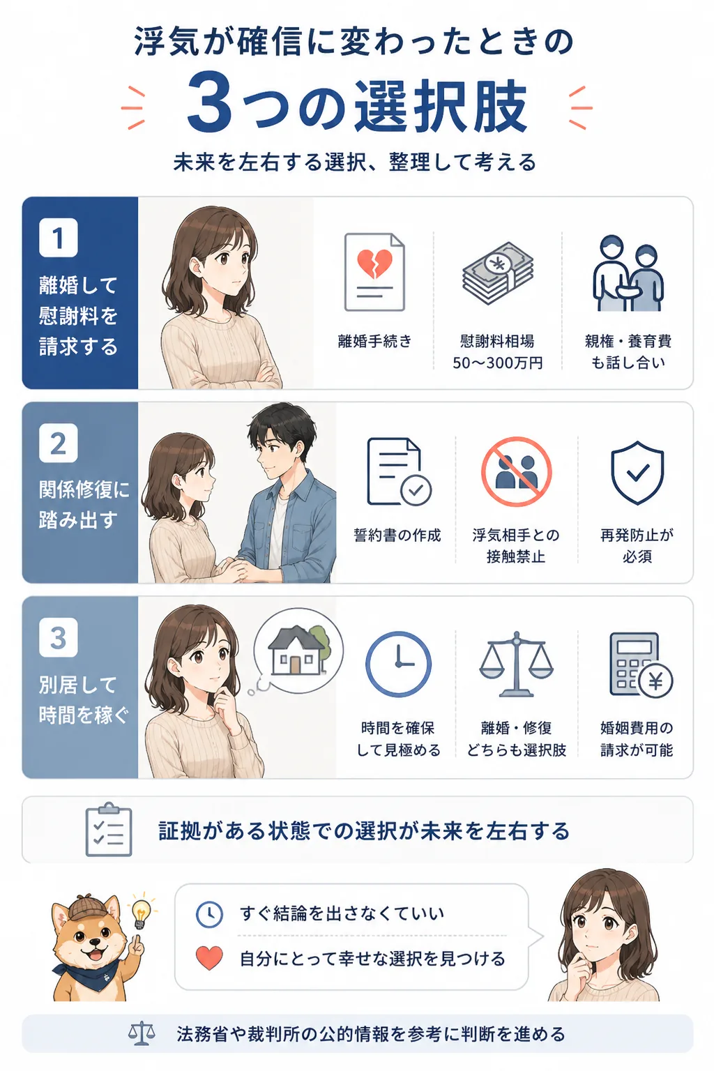 浮気発覚後の3つの選択肢のフローチャート