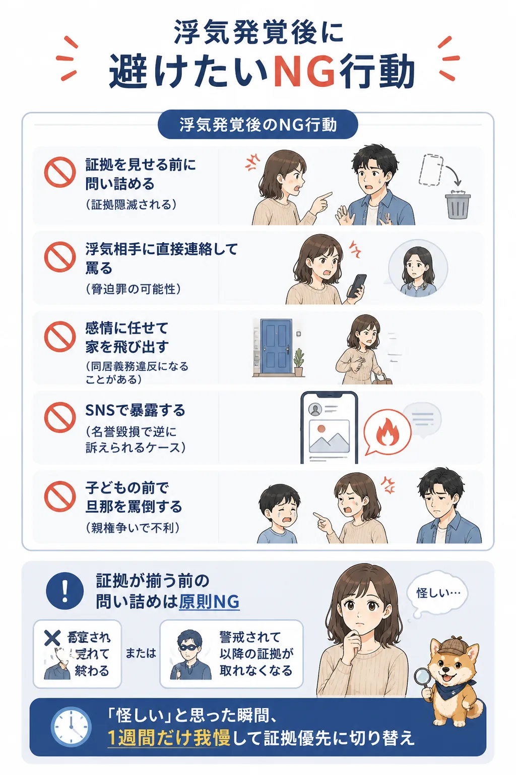 浮気発覚後にやってはいけないNG行動の図解